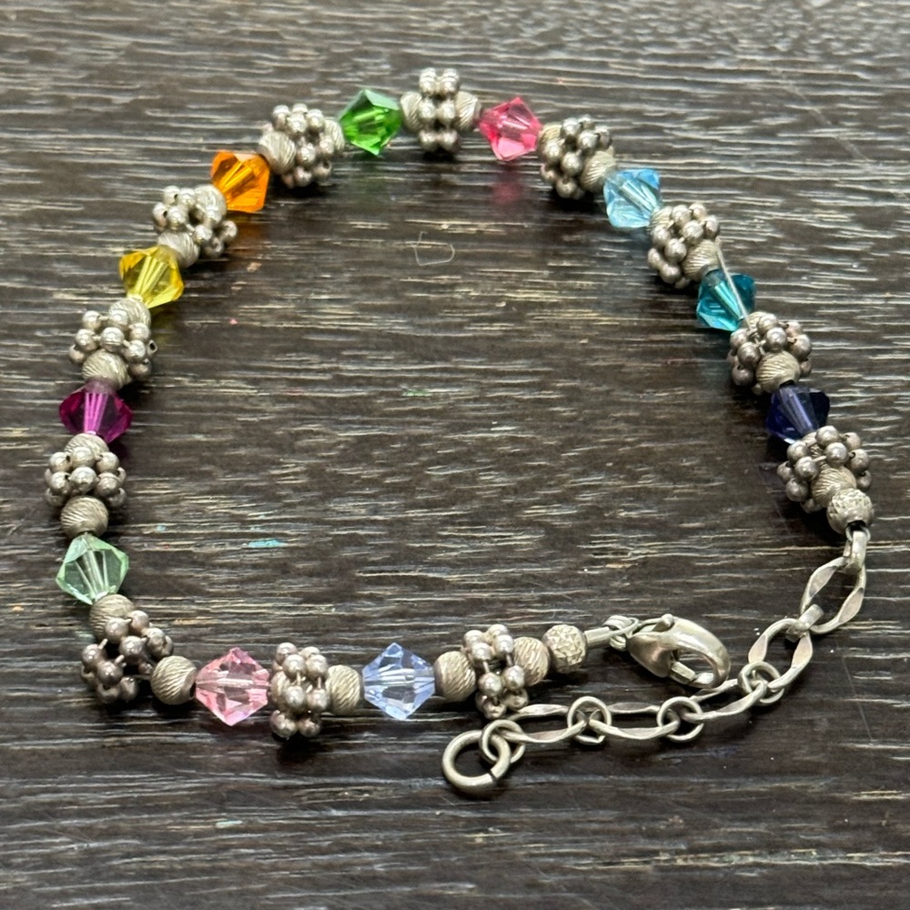 Lovely rainbow beaded 925 Sterling silver bracelet! Vintage Art deco design